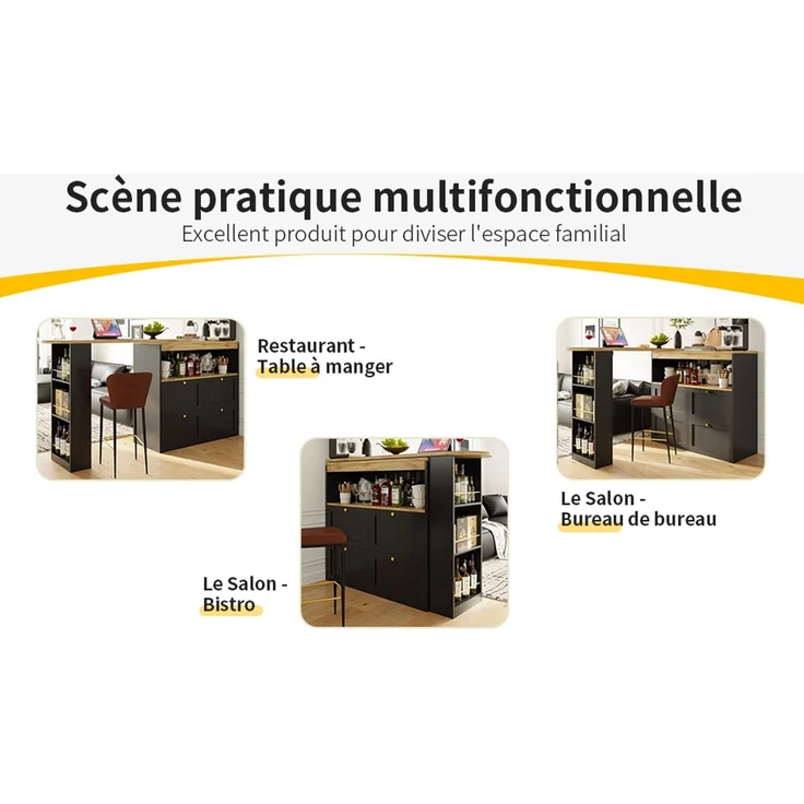 Bartisch 105 x 39 x 102 cm, 360° drehbar, mit 4 Schubladen und offenen Ablagen, Schwarz – Bild 7