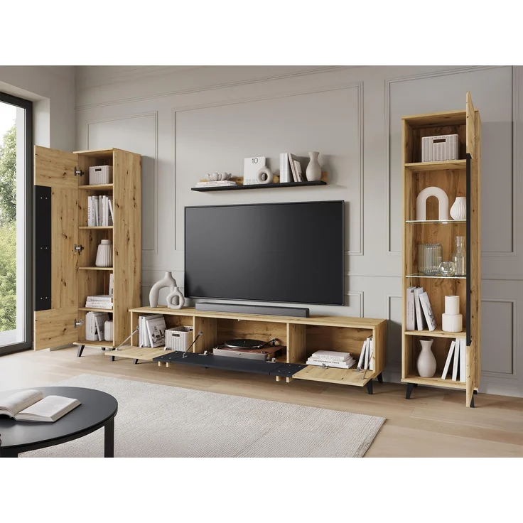 Wohnwand Hailea II (Farbe: Congo / Congo + Schwarzer Graphit, mit weißer LED Beleuchtung) – Bild 4