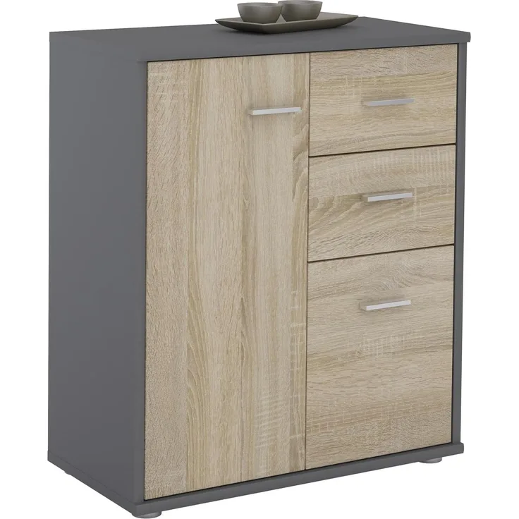 CARO-Möbel Kommode Highboard Bürokommode mit 2 Schubladen und 2 Türen in grau/Sonoma Eiche
