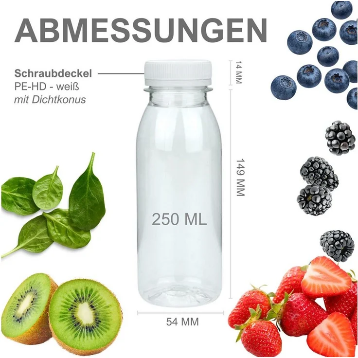 mikken Trinkflasche PET Getränkeflasche 250 ml Plastikflasche mit Deckel, perfekt für Smoothies, große Öffnung – Bild 4
