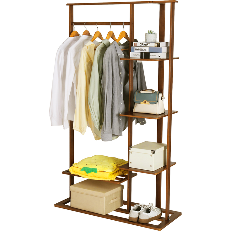 UNHO Kleiderständer Kleiderstange mit 5 Ablagen Garderobenständer Bambus Braun 101 x 41 x 171 cm