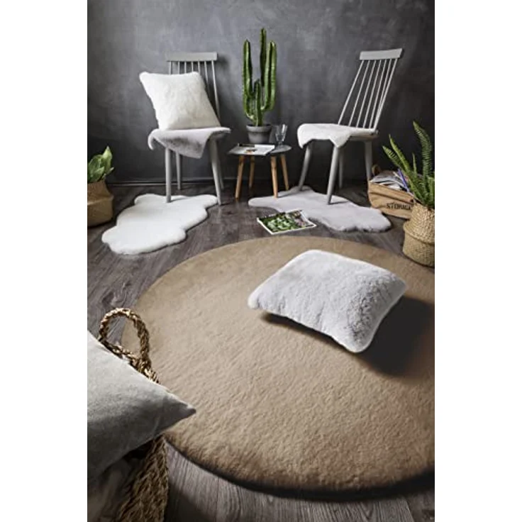 -LUXOR- living Teppich Coste gemütlicher Hochflor Kunstfell Teppich Fellimitat in Schaffelloptik 120 cm rund Taupe – Bild 2