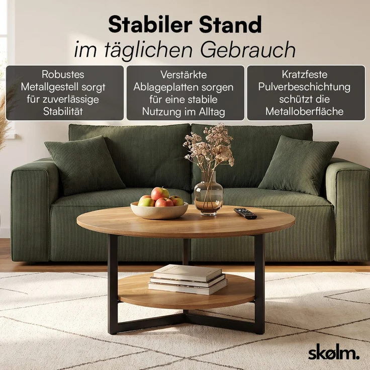 skølm 'Drakkar' Couchtisch rund, Massivholz Eiche, natur geölt, Wohnzimmertisch Ø70 cm mit Metallgestell, Beistelltisch für Wohnzimmer mit Ablage – Bild 5