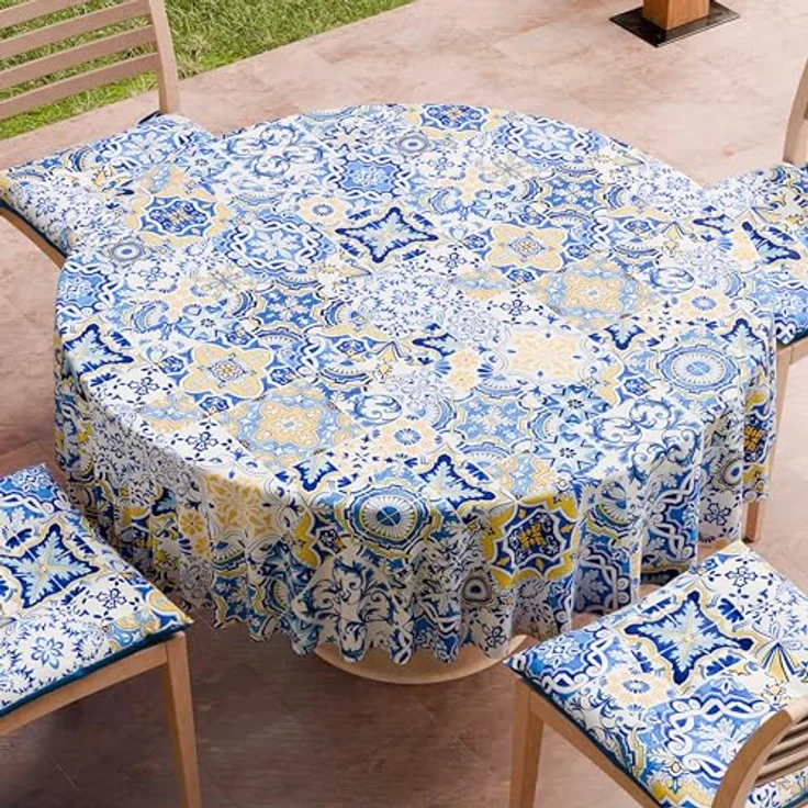 PETTI Artigiani Italiani - Schmutzabweisende runde Tischdecke aus Mikrofaser (Durchmesser 220 cm), Küchentischabdeckung für runden Tisch, Design Vietri 02, Blau, 100% Made in Italy – Bild 2