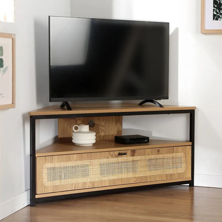 Casâme 'JAYA' TV-Eckschrank, 1 Tür, mit Rattangeflecht, L100 cm - Helles Holz – Bild 2