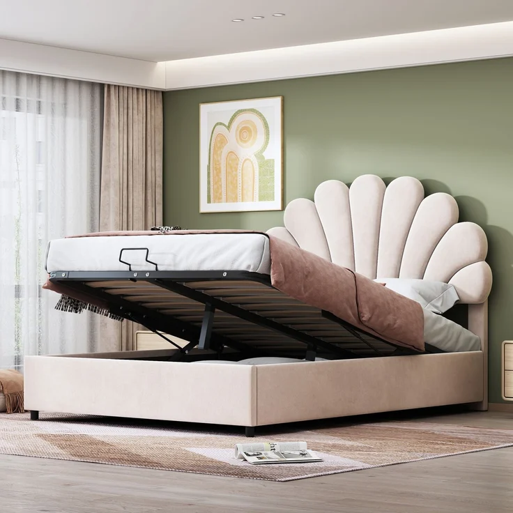 Polsterbett 140x200 Samt mit Stauraum, hydraulisch, Blumen-Kopfteil, Doppelbett modern weich,Beige – Bild 1