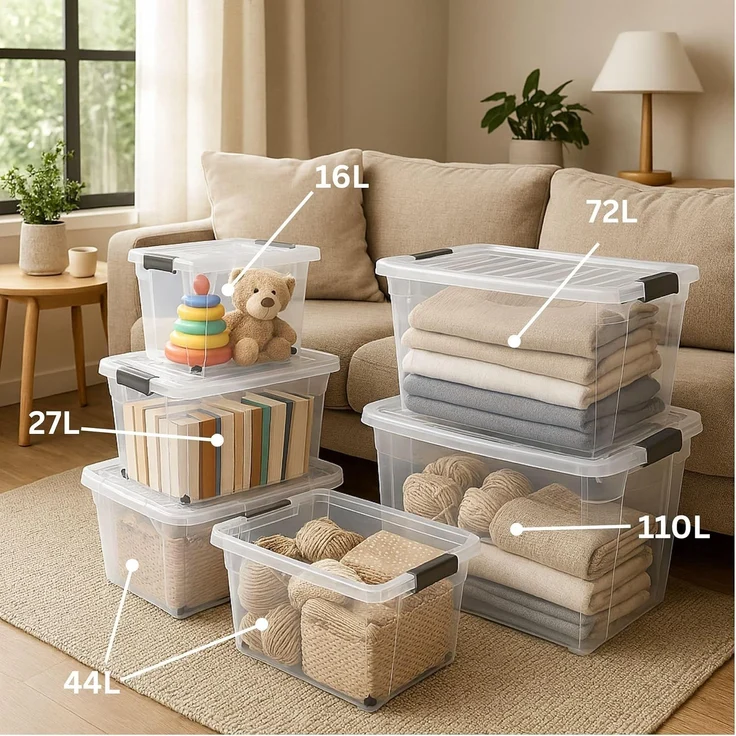 Plastard Aufbewahrungsbox mit Deckel & Rollen 15 - 110 Liter Stapelbar, Transportbox, Regalbox (4er-Set, 4 St), Lagerbox, Spielzeugbox, BPA-Frei, Storagebox für Spielzeug, mit Clips – Bild 5