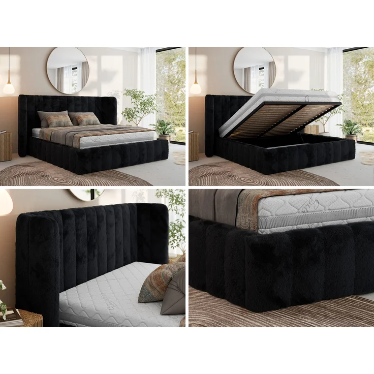 Polsterbett GOLETTA CLASSIC 200 x 200 cm mit gepolstertem Kopfteil, stabilem Bettrahmen, Lattenrost und Bettkasten mit Gasdruckfedern, Doppelbett, zeitloses Design - Schwarz Plüsch – Bild 2