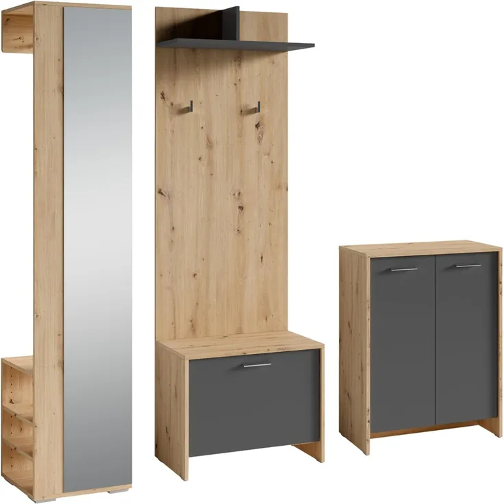 byLIVING Garderoben-Set Ben/Flur Garderobe mit Spiegel/viel Stauraum / 4-teilig/Hochschrank/Wandpaneel/Sitzbank/Kommode (Artisan Eiche-Optik/Anthrazit)