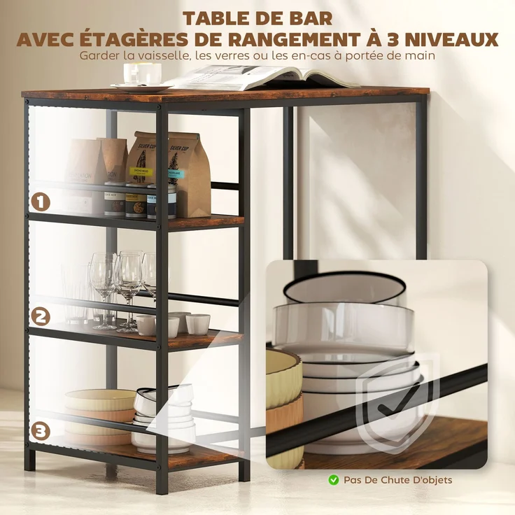 MELAYR, Hoher Bartisch mit 3 Ablageflächen und Stahlgestell, 90 x 50 x 90,5 cm, Rustikales Braun, Schwarz – Bild 6