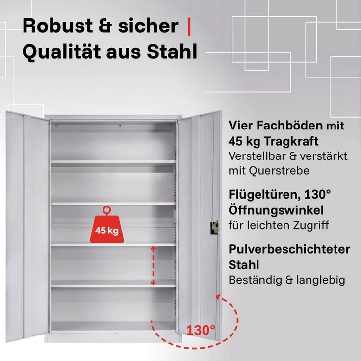 LagerZwei Aktenschrank Stahlschrank 140x90x40 cm (1-St) 3-fach verriegelt, 4 höhenverstellbare Böden, Flügeltüren 130° – Bild 2