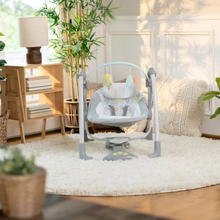 Ingenuity Hugs & Hoots zusammenklappbare & tragbare Babyschaukel, 5 Schaukelgeschwindigkeiten, 8 Melodien, 3 Naturgeräusche, Lautstärkeregulierung und abnehmbarem Spielzeugbügel, ab der Geburt bis 9kg – Bild 17