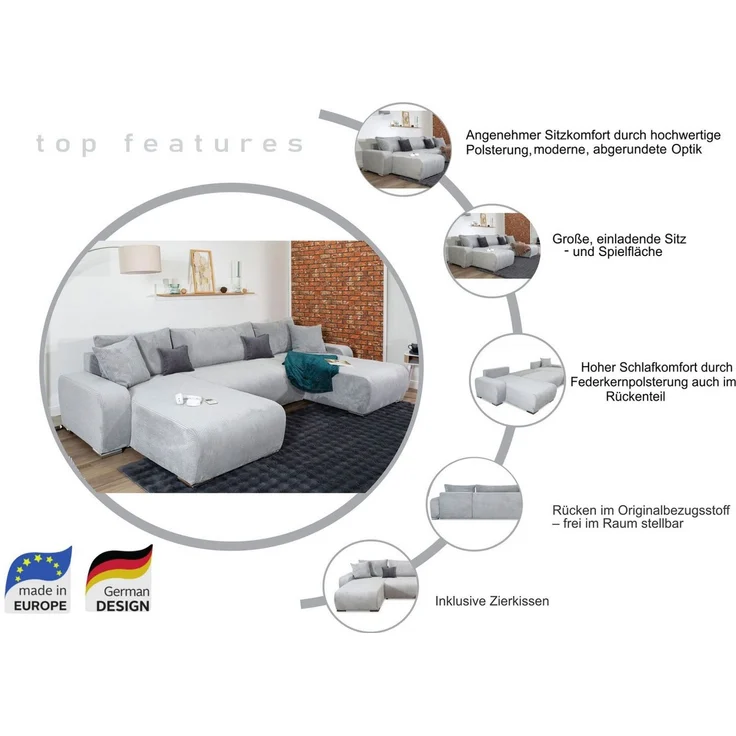 COLLECTION AB Wohnlandschaft Paola U-Form, B: 314 cm, Schlaffunktion, Bettkasten & 4 Zierkissen, Federkern – Bild 3
