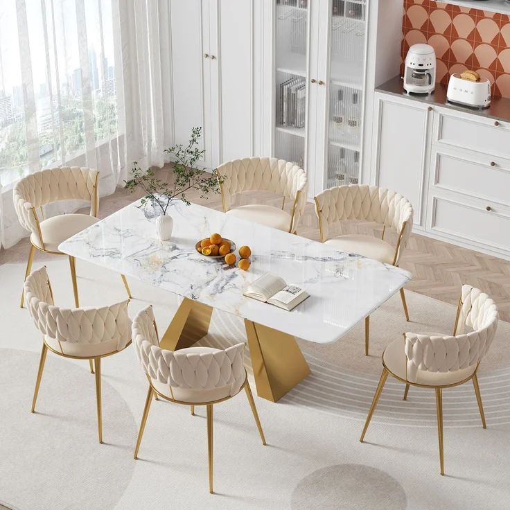 Esszimmerstuhl Samtstoff 2-teiliges Set, mit ergonomischer Rückenlehne, Hohlbünst-Design, gepolstert, Metallbeine goldfarben – Bild 1
