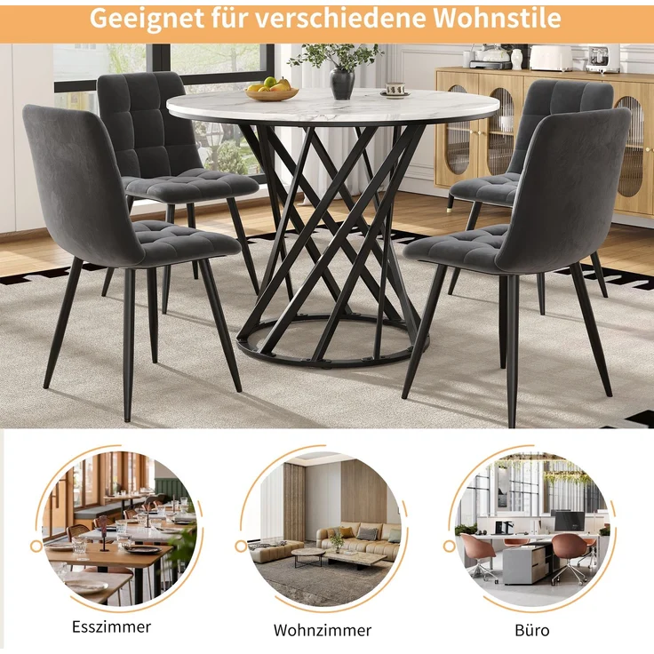 5-teilig mit rundem Esstisch Ø80 cm & 4 Samtstühlen – Modernes Esszimmer-Set mit Marmormuster Tischplatte & Metallgestell – Bild 4