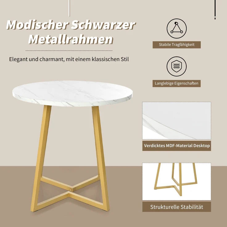 Essgruppe 5-teilig rund Ø80 cm mit modernem Marmortisch & 4 Samtstühlen, elegantes Küchen- und Esszimmer Set – Bild 2