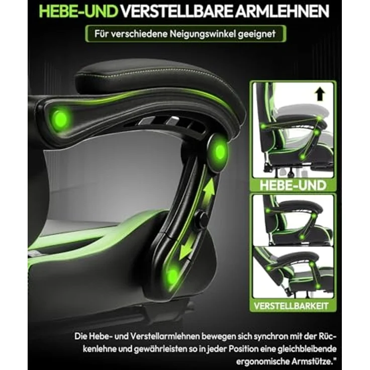 Dowinx Gaming Stuhl Bürostuhl Massage Gaming Sessel mit höhenverstellbaren Linkage-Armlehnen, ergonomischer Gamer Stuhl mit Fußstütze, gepolstert Gaming Chair 150° neigbar bis 180 kg, Grün – Bild 6