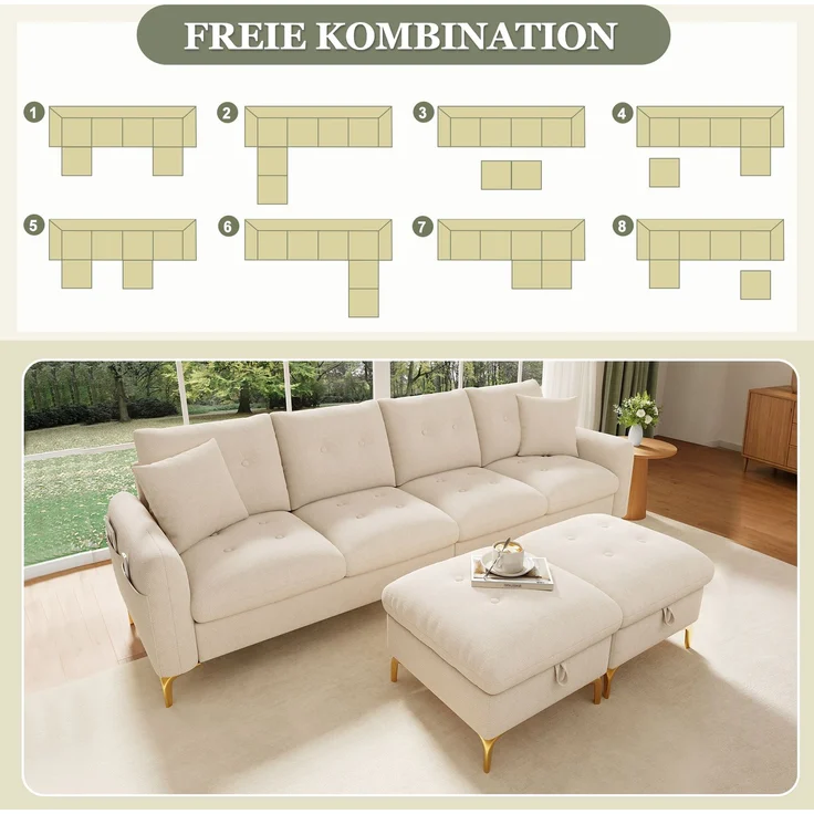 Merax 4-Sitzer U-förmiges modulares Schlafsofa mit 2 Stauraumhockern und 2 Dekokissen, Gesamtmaße 263×137×85 cm, Beige – Bild 5