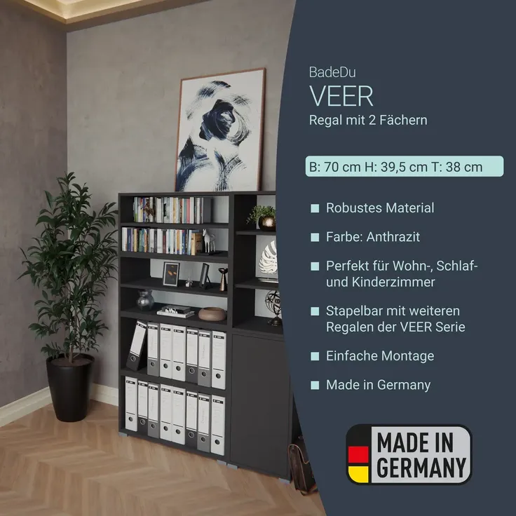 BADEDU VEER Regal 70 cm breit, Anthrazit, 2 Fächer – Bild 2