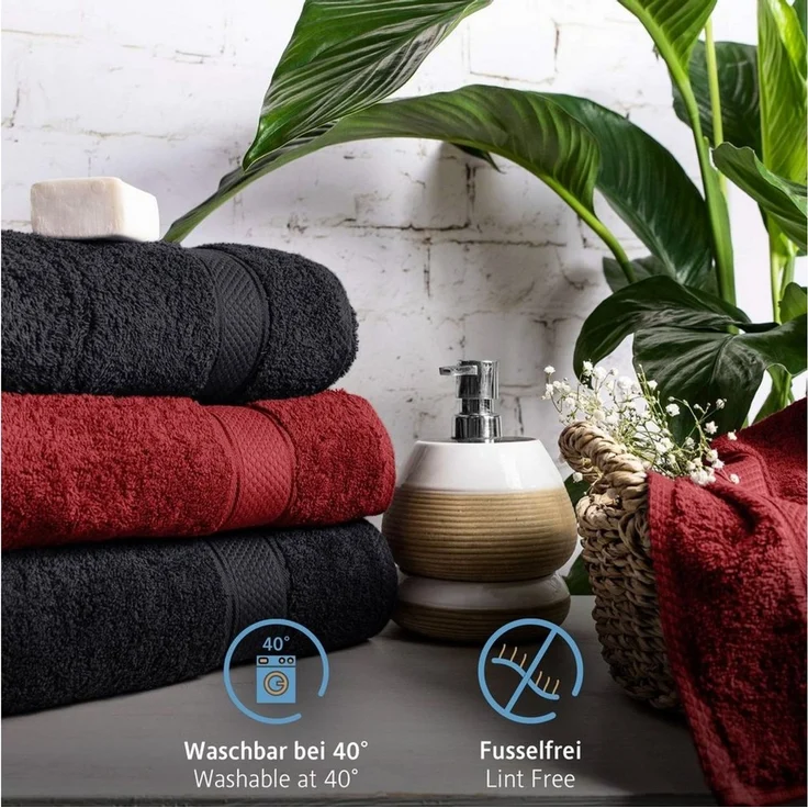 Komfortec 8er Handtuch Set aus 100% Baumwolle, 4 Badetücher 70x140 und 4 Handtücher 50x100 cm, Frottee, Weich, Towel, Groß, Schwarz/Aurorarot – Bild 3