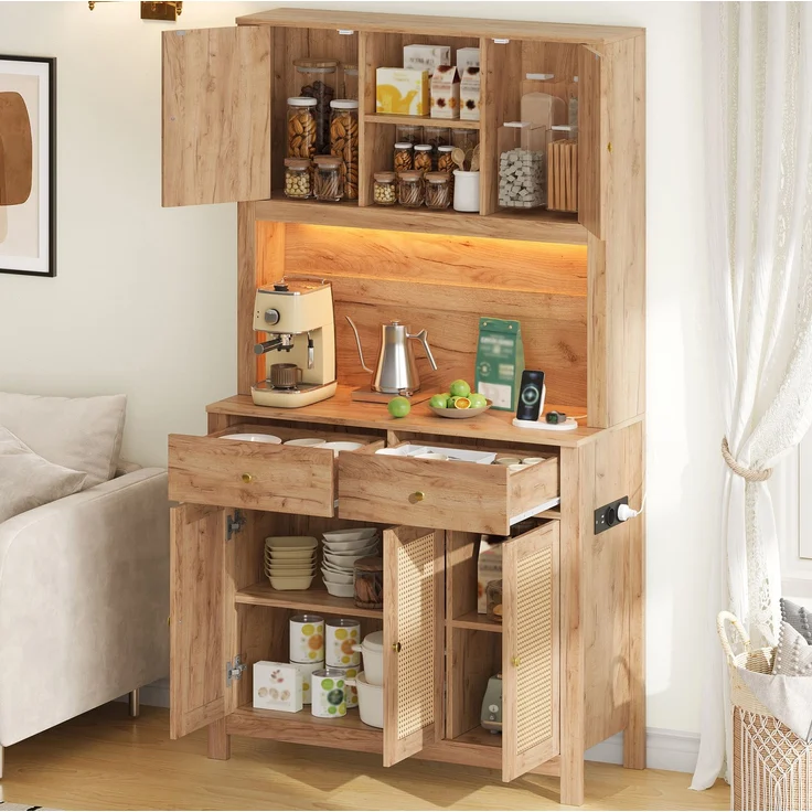 Küchenschrank 100 x 40 x 180 cm mit RGB-LED-Beleuchtung und Rattantüren – Bild 1