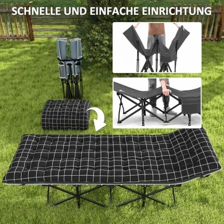 Outsunny Feldbett Campingbett 190 x 67 x 37 cm Gästebett bis 150 kg (mit dicker und weicher Matratze zum Schlafen, 1-St, mit rutschfesten Füßen) Seitentasche und Tragetasche, Schwarz – Bild 6