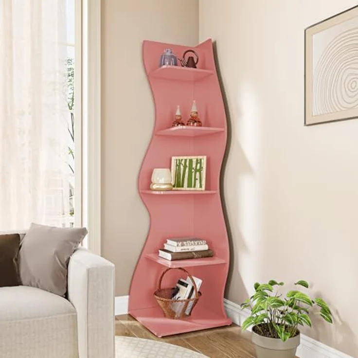 LITTLE TREE Bücherregal Ecke, Modernes Regal Schmal mit 6 Ebenen, 50 x 48 x 179 cm Bücherregal Holz, Standregal mit Wellen-Design für Kleine Räume, Wohnzimmer & Schlafzimmer, Rosa, 2er Pack – Bild 5