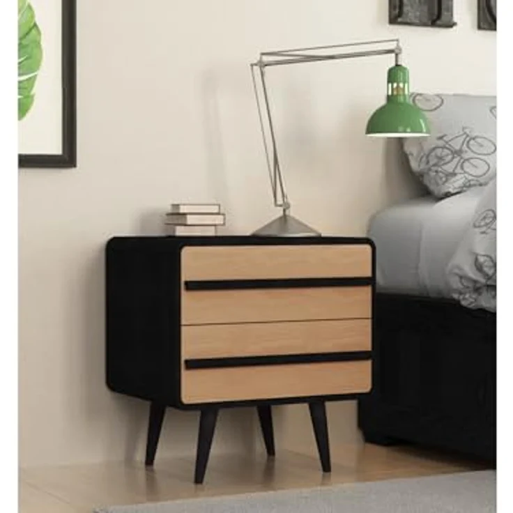 Chantal Nachttisch Eicheoptik/Schwarz, 51 x 39 x 54 cm, mit 2 Schubladen, skandinavischer Beistelltisch aus Holzwerkstoff für Schlafzimmer und Wohnbereich – Bild 2
