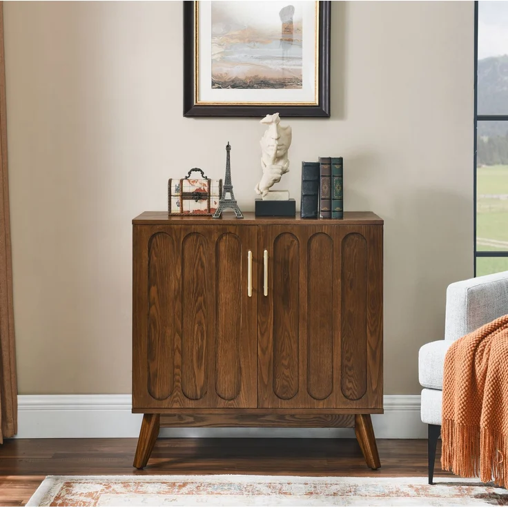 DESVIAE Sideboard Walnuss aus Massivholz/MDF – 89,54x48,26x24,77 cm – Riffelung, Steckdosenanschluss – Bild 2