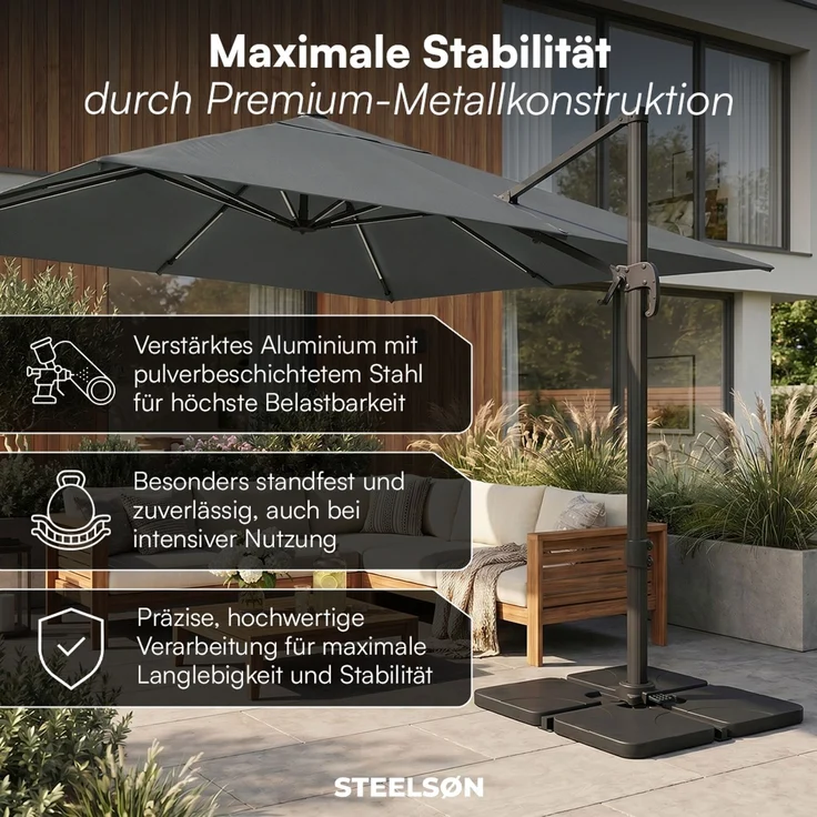 STEELSØN 'Elaris' Premium Sonnenschirm 300x300 cm quadratisch mit LED, neigbar und 360-Grad drehbar, anthrazit, Ampelschirm inkl. Hülle, extrem robuste Metall-Stange, 220 g/m² Polyester, UV50+ – Bild 7