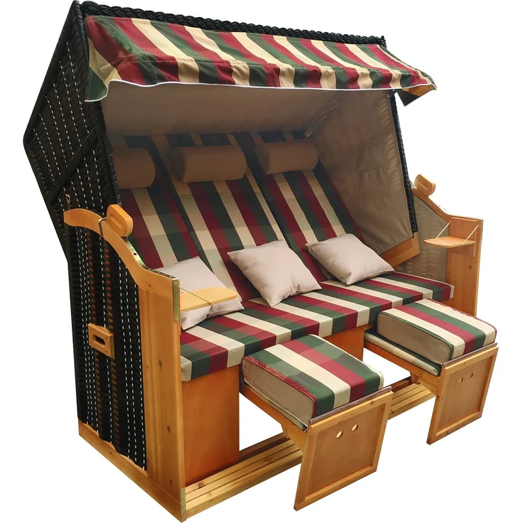 BRAST Strandkorb Usedom 3-Sitzer XXL für 2-3 Personen 165cm breit inkl. wetterfeste Abdeckhaube verstellbare Rückenlehne Fußkissen Rot/Grün/Beige - kariert – Bild 1