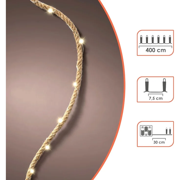 Spetebo LED-Lichterkette Tau mit Draht Lichterkette warm weiß mit Timer 400 cm, 60-flammig, Batterie betrieben – Bild 2