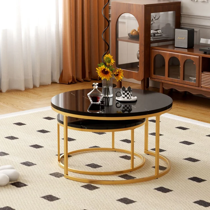 2er-Set runder Couchtisch aus MDF mit Metallrahmen & Nestfunktion, Ø80 cm + Ø60 cm, Schwarz – Bild 2