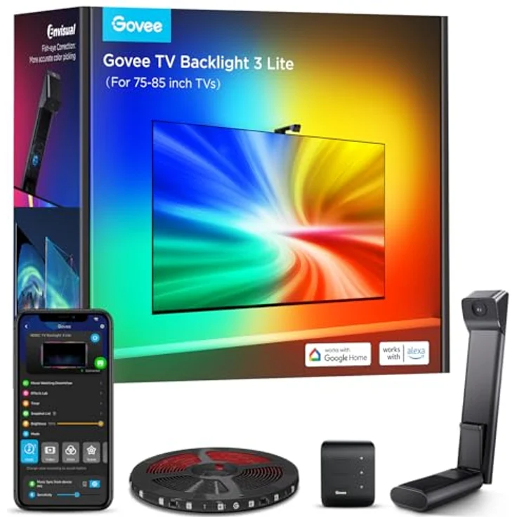 Govee TV Hintergrundbeleuchtung 3 Lite, 5M RGBICW LED Strip mit Fish-Eye Korrektur, Sync für 75-85 Zoll TVs, Sprach- & APP-Steuerung – Bild 1