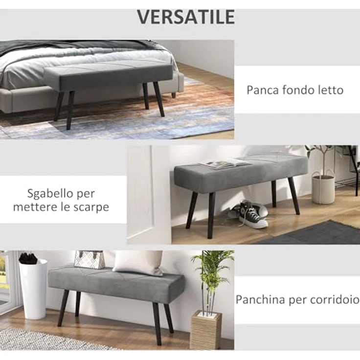 HOMCOM Polsterbank Sitzbank mit X-Muster, in Samtoptik, bis 120 kg Belastbar (Flurbank, 1-St, Bettbank), für Schlafzimmer, 100 x 36 x 45 cm, Grau – Bild 7