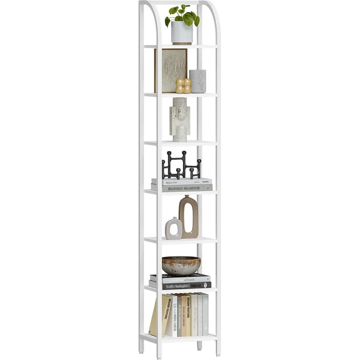 Bücherregal, 7 Ebenen Standregal, DVD-Regal, Schmale Regale, Offenes Regal, Industriestil, Metallrahmen, Geeignet für Arbeitszimmer, Wohnzimmer, Schlafzimmer, Küche, Weiß – Bild 2