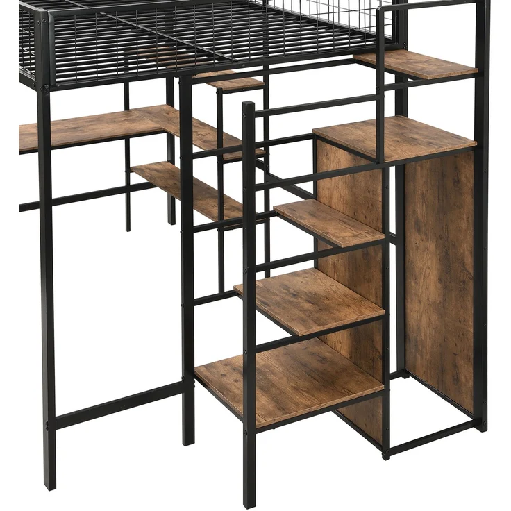 EINHOM Hochbett, 140 x 200 cm, Eisenbett, Ablageleiter, Mehrere Regale, Einbauschrank, Schreibtisch, Schwarz (Ohne Matratze) – Bild 4