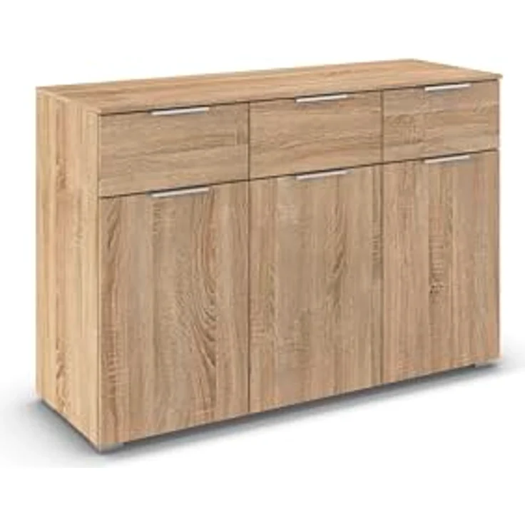 Rauch Möbel Alabama, Kommode für Schlafzimmer, Kinderzimmer, Garderobe, Flur, 3-türig, mit 3 Schubladen, Soft-Close-Fuktion, Farbe Eiche Sonoma, Holz, Griff Alufarben, Maße 120 x 81 x 42 cm – Bild 2