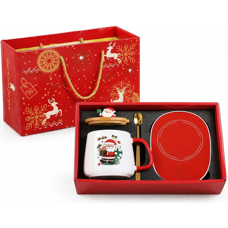 Weihnachtsbecher Geschenkset Kaffeetasse aus Keramik mit Weihnachtsmann und Deckel Rot 28 x 16 x 23 cm