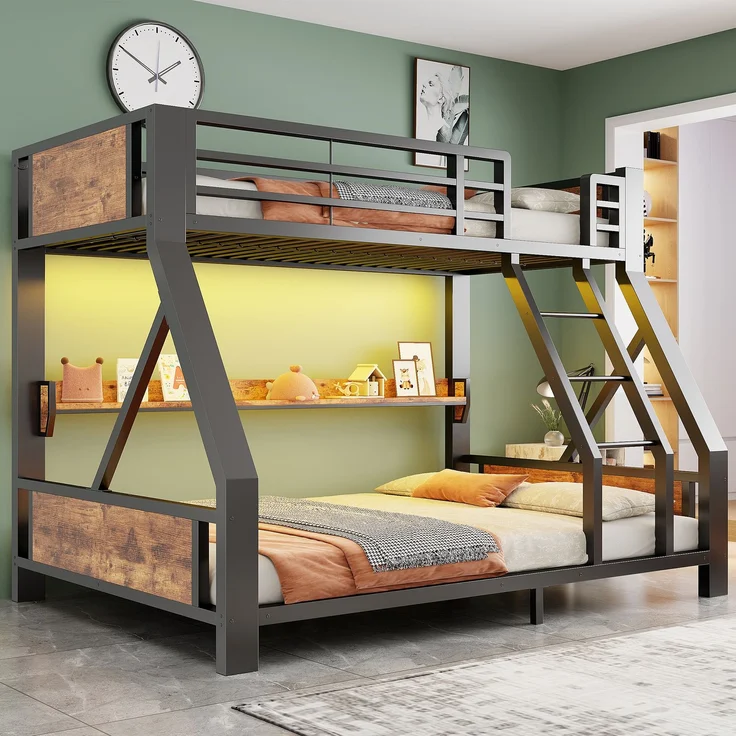 EINHOM Metall-Etagenbett 90x200 / 140x200 cm, Einzelbett oben, Doppelbett unten, Ablagefach, LED-Beleuchtung, Bettgestell aus Eisen und Holz, platzsparendes Kinder- und Jugendzimmermöbel Schwarz (Ohne Matratze) – Bild 3