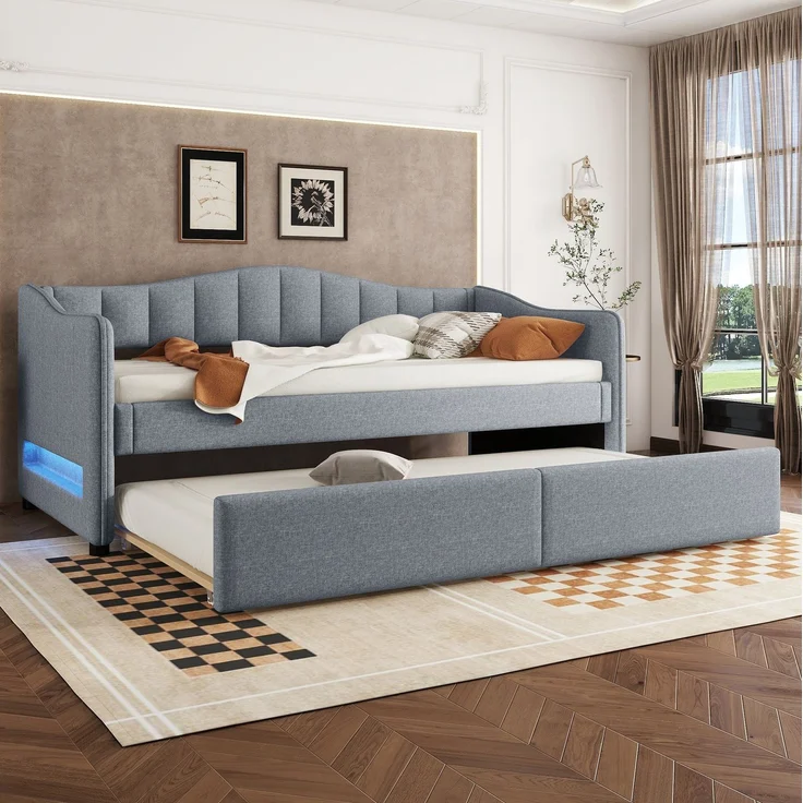 Daybett 90x200 cm mit ausziehbarem Rollbett, LED-Beleuchtung und Leinenbezug in Grau – Bild 1