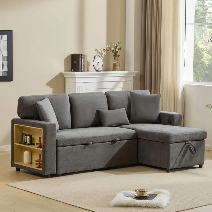 EINHOM Corner Sofa Bett Eckcouch Couch L-Form Schlafcouch Ausziehbar, Bettkasten und integriertem Regal, dunkelgrau, 214 x 131 x 87 cm – Bild 7