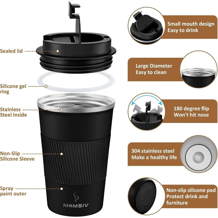 MOMSIV Thermobecher Isolierbecher 380ml Edelstahl Travel Mug Schwarz – Bild 2