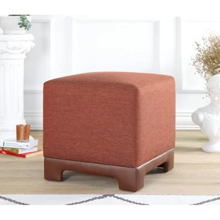 Atelier Del Sofa Stylish Tile Red Pouffe, 50x50x47 cm | 50% Cotton & 50% Linen, 35 DNS Orthopedic Sponge, 6 cm Thickness | Faux Leather Legs, Modern Comfort