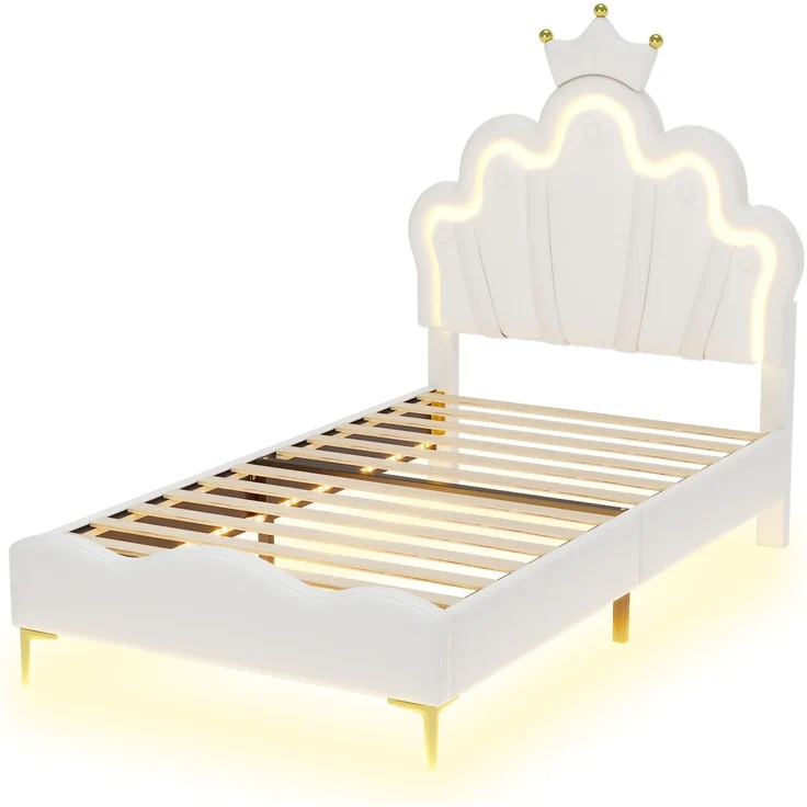 Merax Einzelbett, Polsterbett 90*200cm, Kinderbett kronenförmiges Prinzessinnenbett, weiche Polsterung aus PU-Leder, verstellbarer LED-Umgebungslichtstreifen, weiß – Bild 8
