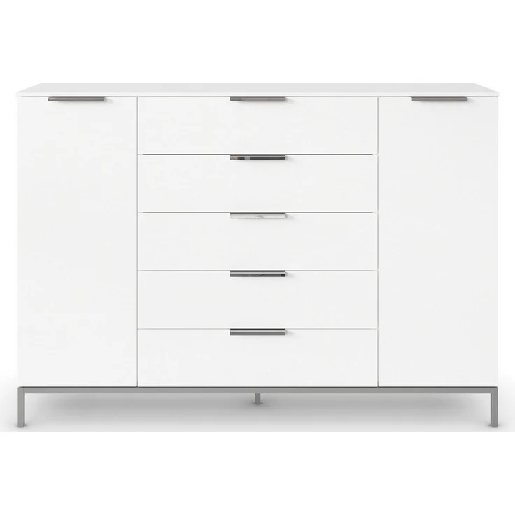 Rauch Möbel Flipp, Kombikommode, Kommode mit Stauraum für Wohnzimmer, Schlafzimmer, Flur, 4 Fachböden, mit Metallkufe chrom, Alpinweiß, 2-türig, 5 Schubkästen, Griffe chrom, 160 x 111 x 42 cm – Bild 5
