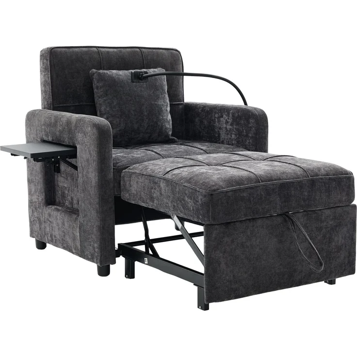 LVHOM Multifunktionaler Schlafsessel mit klappbarer Ablage, Ausziehbares 1-Sitzer Schlafsofa mit Handyhalter und Seitentaschen, Loungesessel, Dunkelgrau – Bild 2