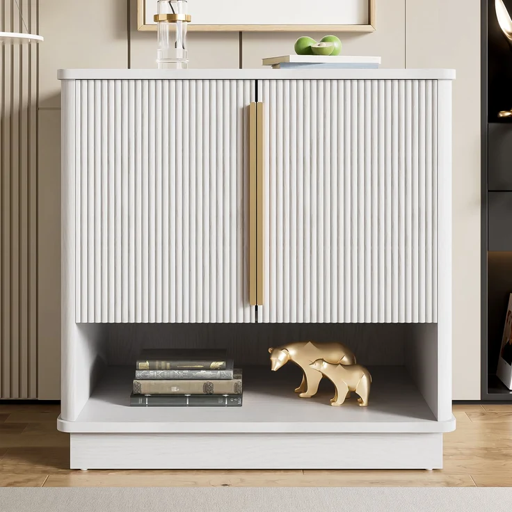 Schuhschrank 60 cm in weißer Holzoptik, mit goldfarbenen Griffen, 2 Türen, verstellbaren Böden und offenem Fach – Bild 4