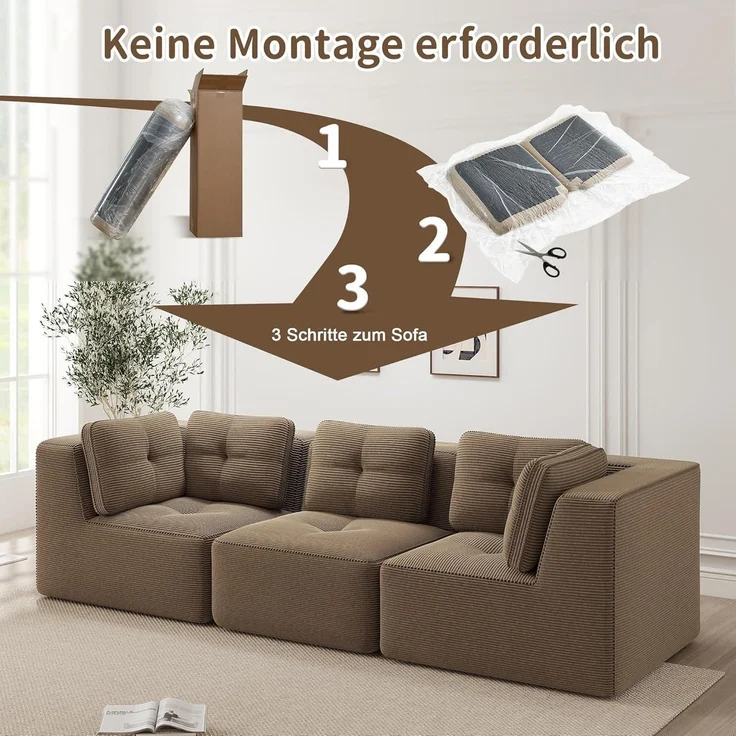 3 Sitzer Sofa Ecksofa Cordstoff Polsterung Armlehnen Braun 3-Sitzer – Bild 5
