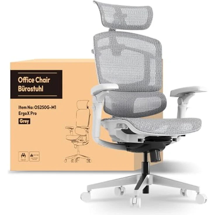FLEXISPOT ErgoX Pro Ergonomischer Bürostuhl, 12-stufige Höhenverstellung, 7D-Armlehnen, 5D-Lendenstütze, 4D-Kopfstütze, 250 kg Belastbarkeit, Netzsitz, Grau – Bild 1